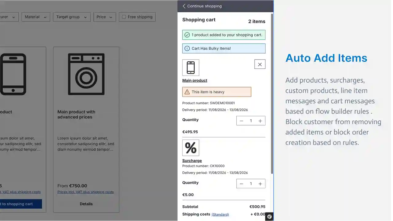 Shopping cart with an auto-added surcharge and line-item message